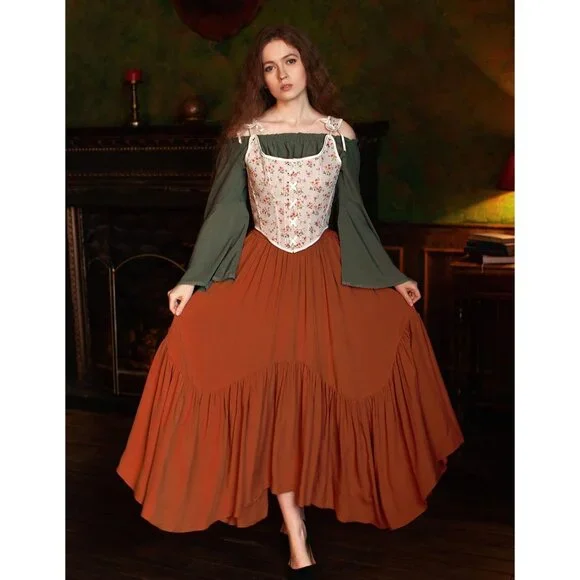 Flowy Orange Maxi Skirt with Side Pockets - Women's High Waist Renaissance  Skirt